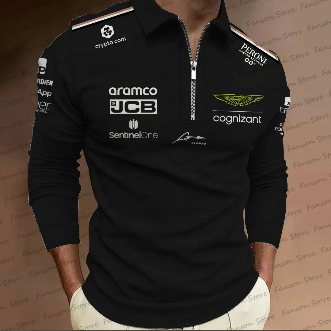 F1 Racing Aston Martin Team Black Men Long Sleeve Polo Spring Autumn