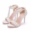 Crystal Queen Women Sandals Flowers Pearl Stilettos Bridal 9cm Evening Party High Heels Bridal Pumps Wedding Shoes 6