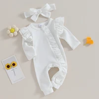 Pudcoco Infant Baby Girl Autumn Jumpsuit Solid Color Round Neck Flying Sleeve Ruffled Zipper Romper with Bow Headband 0-12M 2