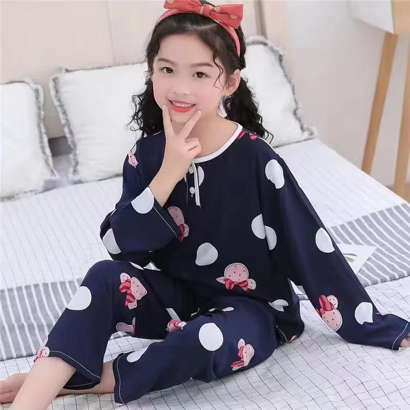 Summer Children's Cotton Silk pajamas Boys And Girls Home Clothes Baby Long-sleeved + Trousers Two-piece Kid's Brethable Suit cute pajama sets	