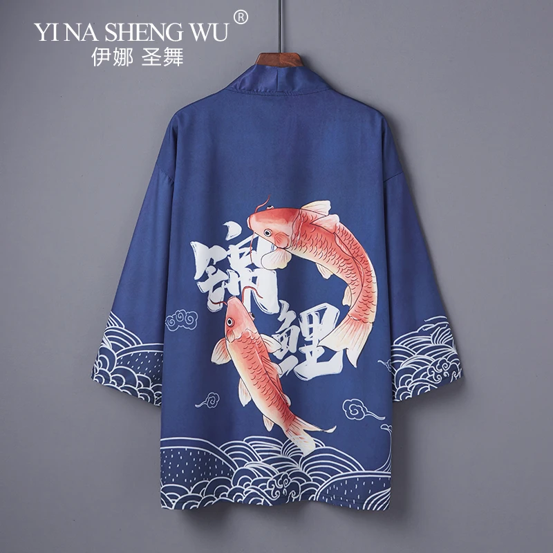 Summer Casual Kimono Cardigan Koi Wave Print Traditional Haori Japanese Style Kimono Women Men Unisex Yukata Blue Coat
