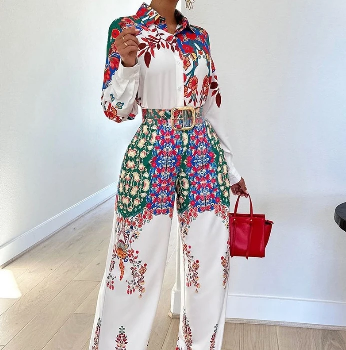 Women's Sets Pants and Blouse 2024 Plants and Flowers Printed Slim Fit Long Sleeved Shirt & Elastic Waist Wide Leg Pants Set