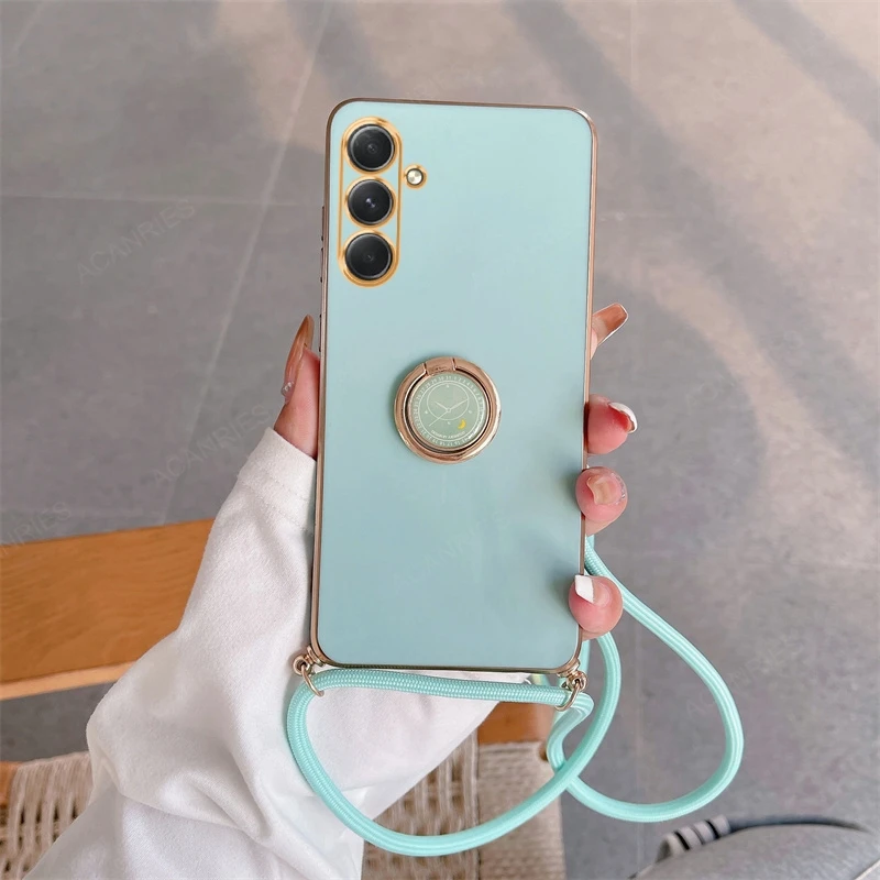 Luxury Plating Crossbody Lanyard Case with Ring Holder - Elegant Back Cover Accessory