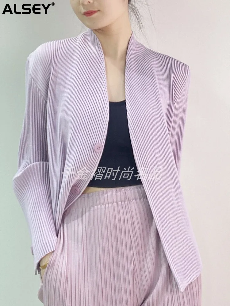 

ALSEY Miyake Pleated Women's Thickened V-neck Button Jacket Spring New Fashion Slim Simple Korean Solid Color Suit