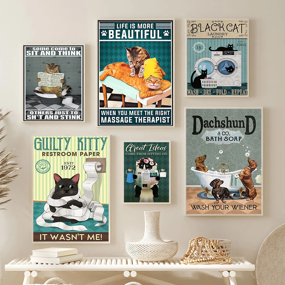 

Funny Garfield Black Cat Bathroom Toilet Poster Print Animal Dog Retro Abstract Quote Canvas Painting Living Bathroom Home Decor
