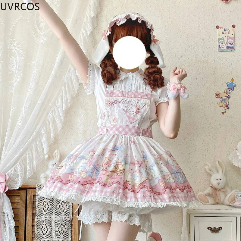 Japanese Kawaii Lolita Style Jsk Dress Women Sweet Bunny Print Party Mini Princess Dresses Harajuku Y2k Sleeveless Strap Dresses