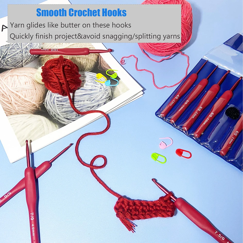 9pcs/set Crochet Hooks Set Aluminum Crochet Needle with Soft Silicone Grip Crochet Handles for Crocheting Yarn Craft Projects