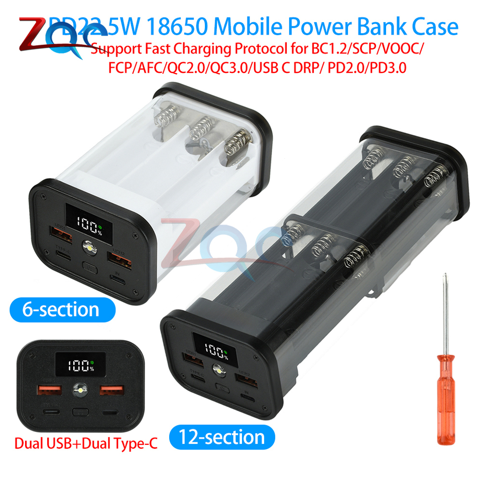 PD22.5W Battery Box Super Fast Charging Transparent Power Bank Shell Welding Free 5/12*18650 Battery Cartridges Dual USB+Type-C
