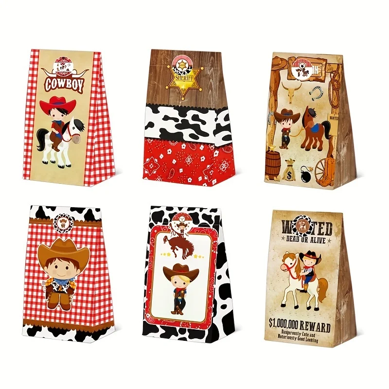 

12pcs Cowboy Party Favor Bags for Kids Western Theme Party Supplies Farm Birthday Decorations Goodies Gift Bag