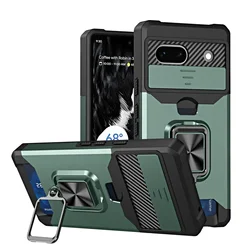 Card Slot Wallet Ring Holder Case with Slide Camera Protection and Armor Bumper Cover - Pixel 6A (Green)