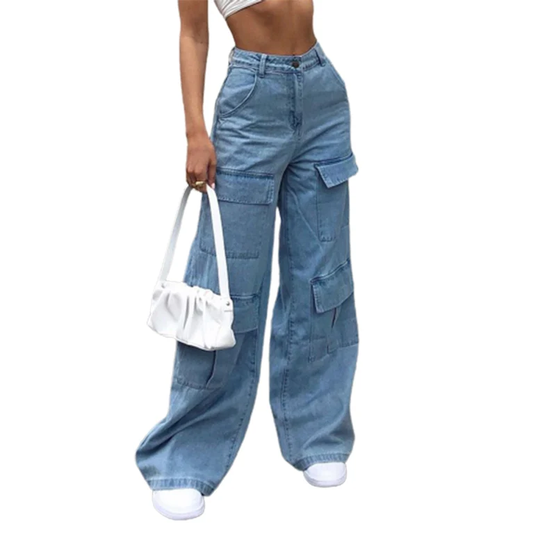 Workwear Style Multi-pocket Splicing Loose Wide Leg Jeans Women Trend Streetwear Mid Waist Straight Denim Pants Female Trousers