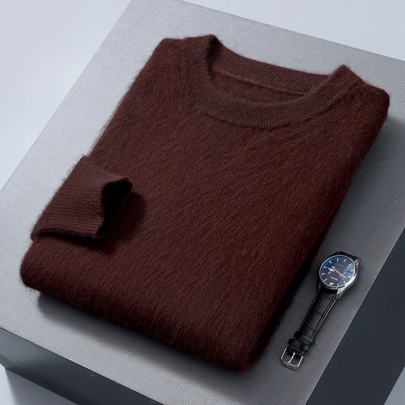 

Men's Round Neck Sweater High Quality Fashion Solid Loose Knit Warm Bottoming Shirt Autumn Winter 2023 100% Mink Cashmere Top