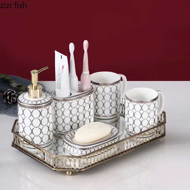 Geometric Decor Painted Bathroom Set Portable Soap Dispenser Tooth Brush Holder Mouth Cup Ceramic Shower Accessories Mirror Tray