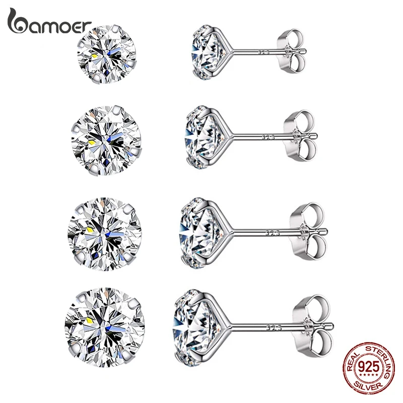 Women Silver Stud Earrings 925 Clear Cubic Zirconia Basic Wedding