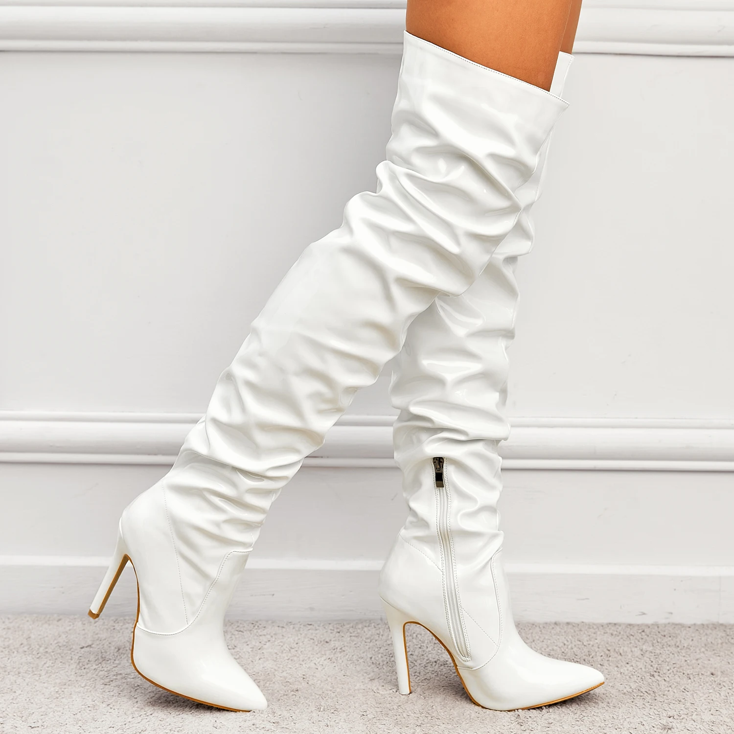 Sexy Pointed Toe Super Stiletto Pleated Fashion Boots Patent Leather Side Zip Short Plush Inner Women's Over The Knee Boots