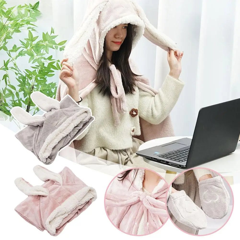Cute Bunny Ear Cape Flannel Blanket Hoodie Adult Child Office Home Comfortable Wearable Thickened Soft Blankets Warm Cape A3P2