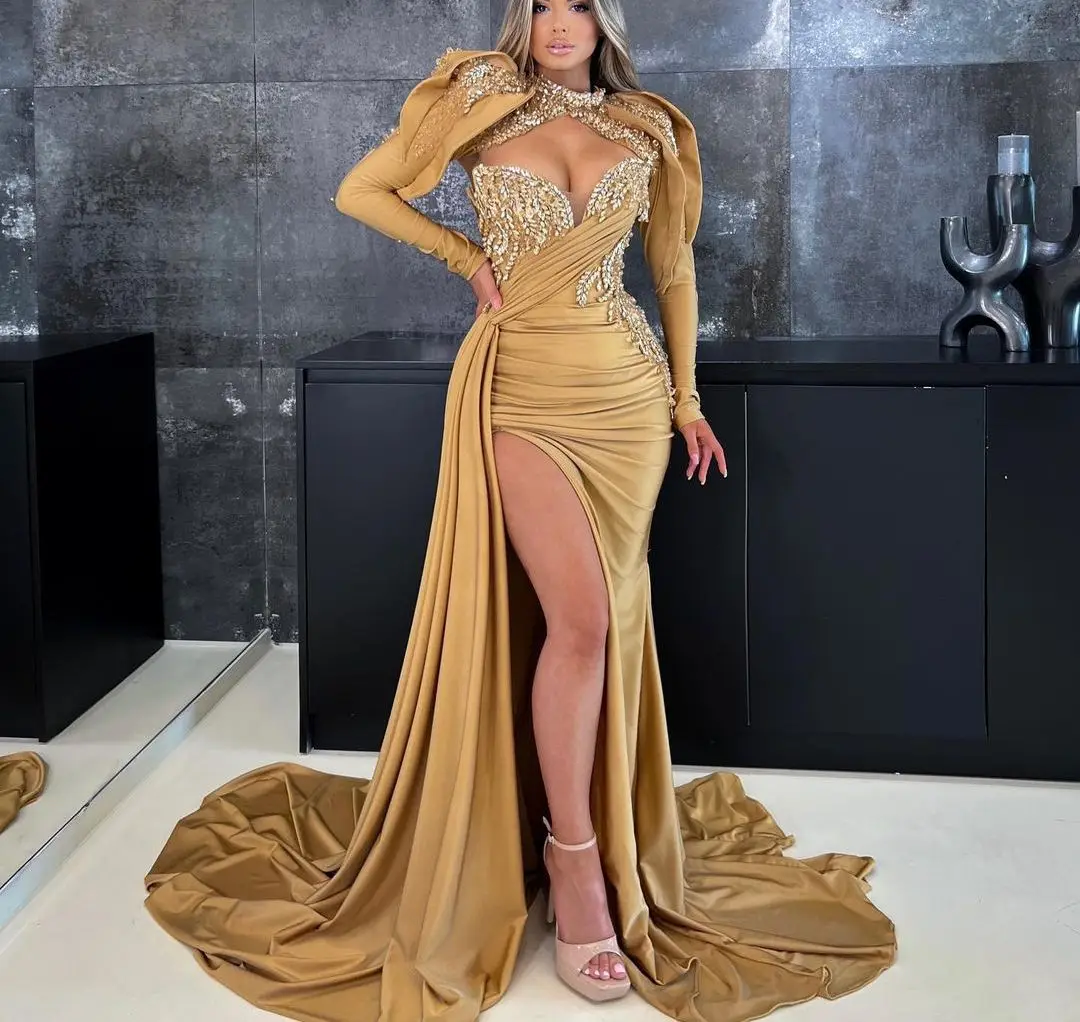 

Exquisite Mermaid Evening Dresses Long Sleeves V Neck GoldDetachable Shawl Sequins Appliques Satin Slit Prom Dresses Custom Made