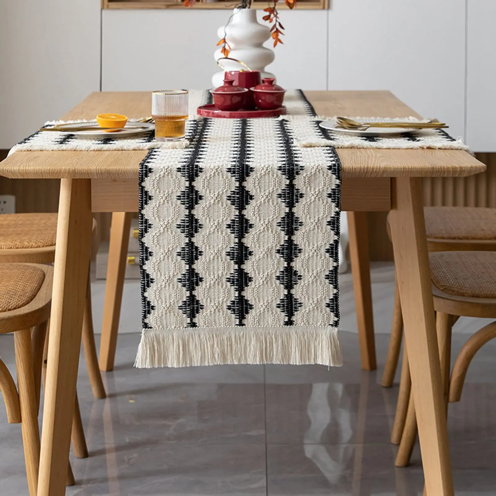 Farmhouse Table Runner, Rustic Table Runners, Linen Boho Table Runners,Braided Striped, Handmade Table Runners with Tassel