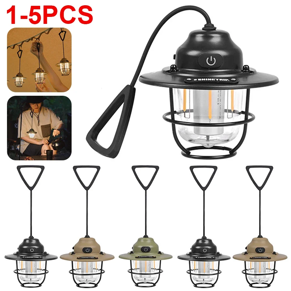 1-5PCS Camping Lantern LED Rechargeable Lamp Metal Retro Camping Lights Hanging Tent Light Fishing Light Emergency Lighting