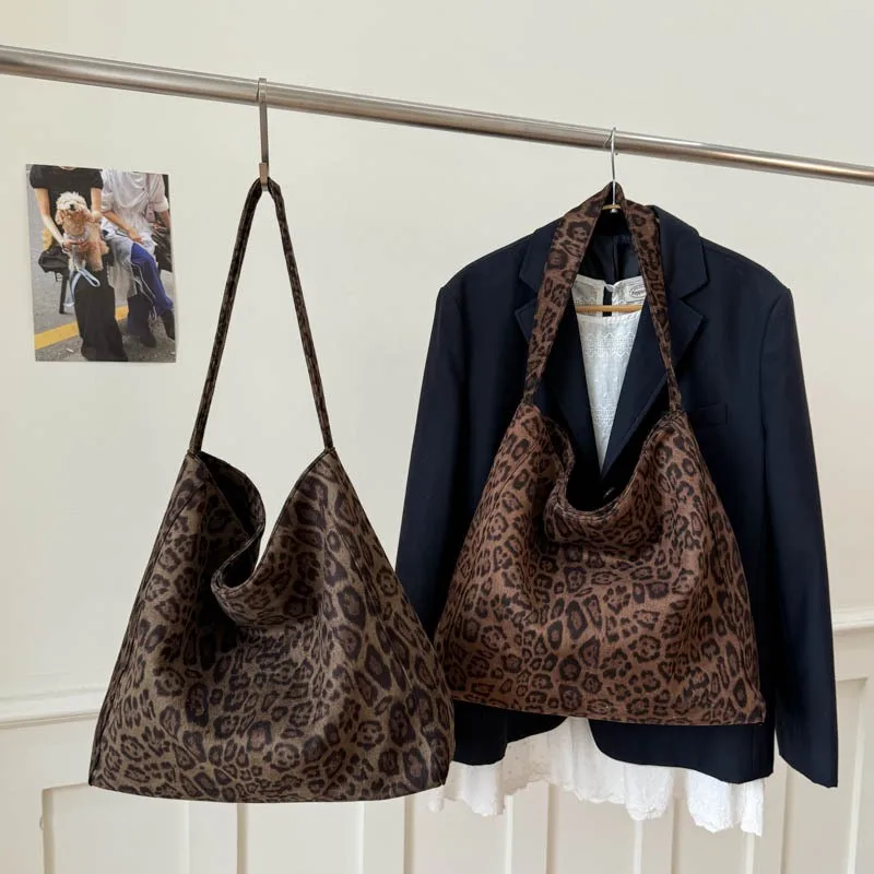 Autumn Winter Vintage Leopard Women's Tote Bag Large Capacity Suede Shoulder Bag Solid Simple Casual Handbags For Work Shopping