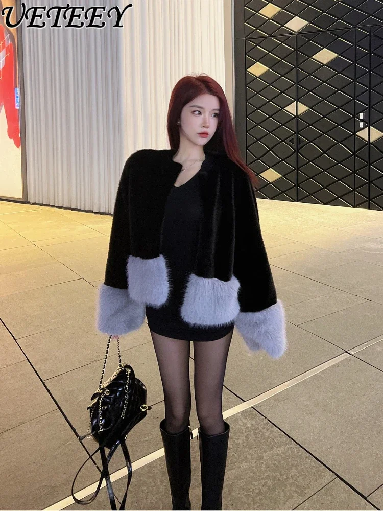 

Environmental Protection Marten Overcoats Women's 2023 Light Winter Black Furry Coat Color Matching Imitation Fox Fur Jacket