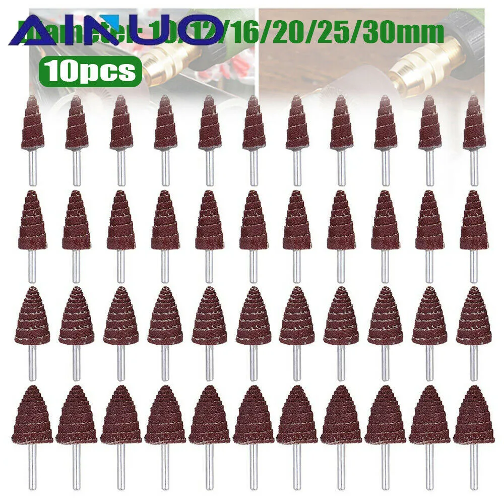 10 Stück konischer Kegelschleifkopf Schleifpapier Fächerschleifen Polieren Schleifen für Bohrer Dremel Zubehör 6 mm Schaft 10–30 mm