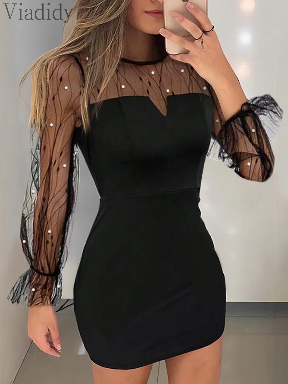 

Women Sexy Sheer Mesh Patchwork Beads Decor Long Sleeve Mini Dress