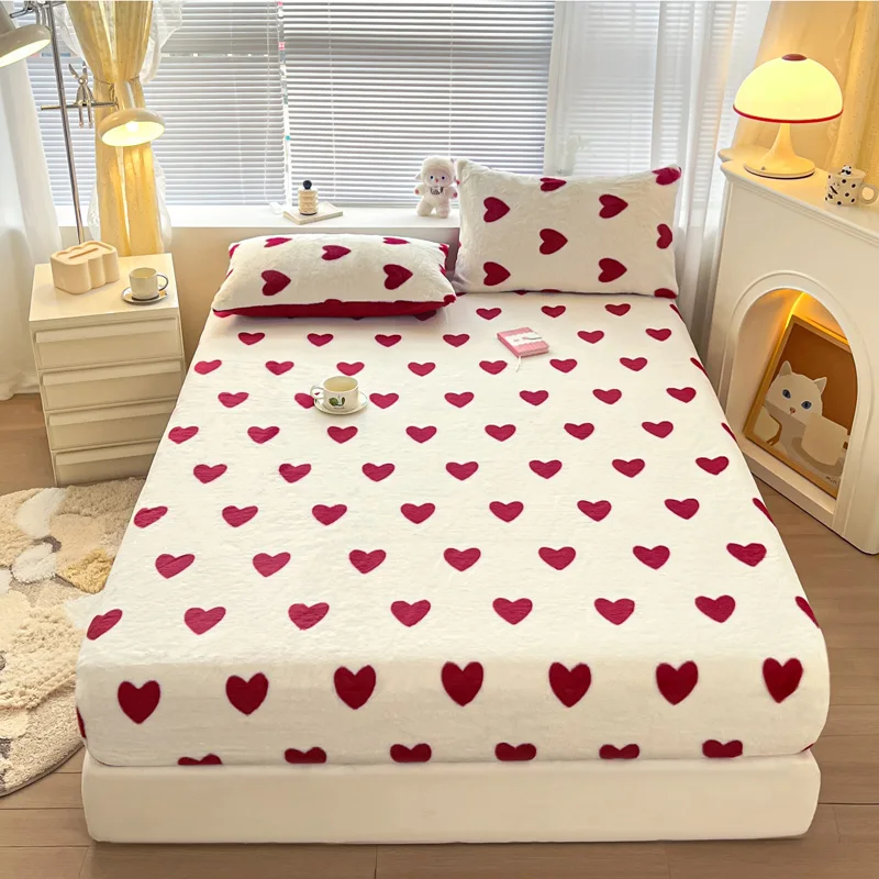 WOSTAR Winter thermal plush fitted sheet elastic mattress cover red heart printed warm coral fleece bed linens queen king size 6