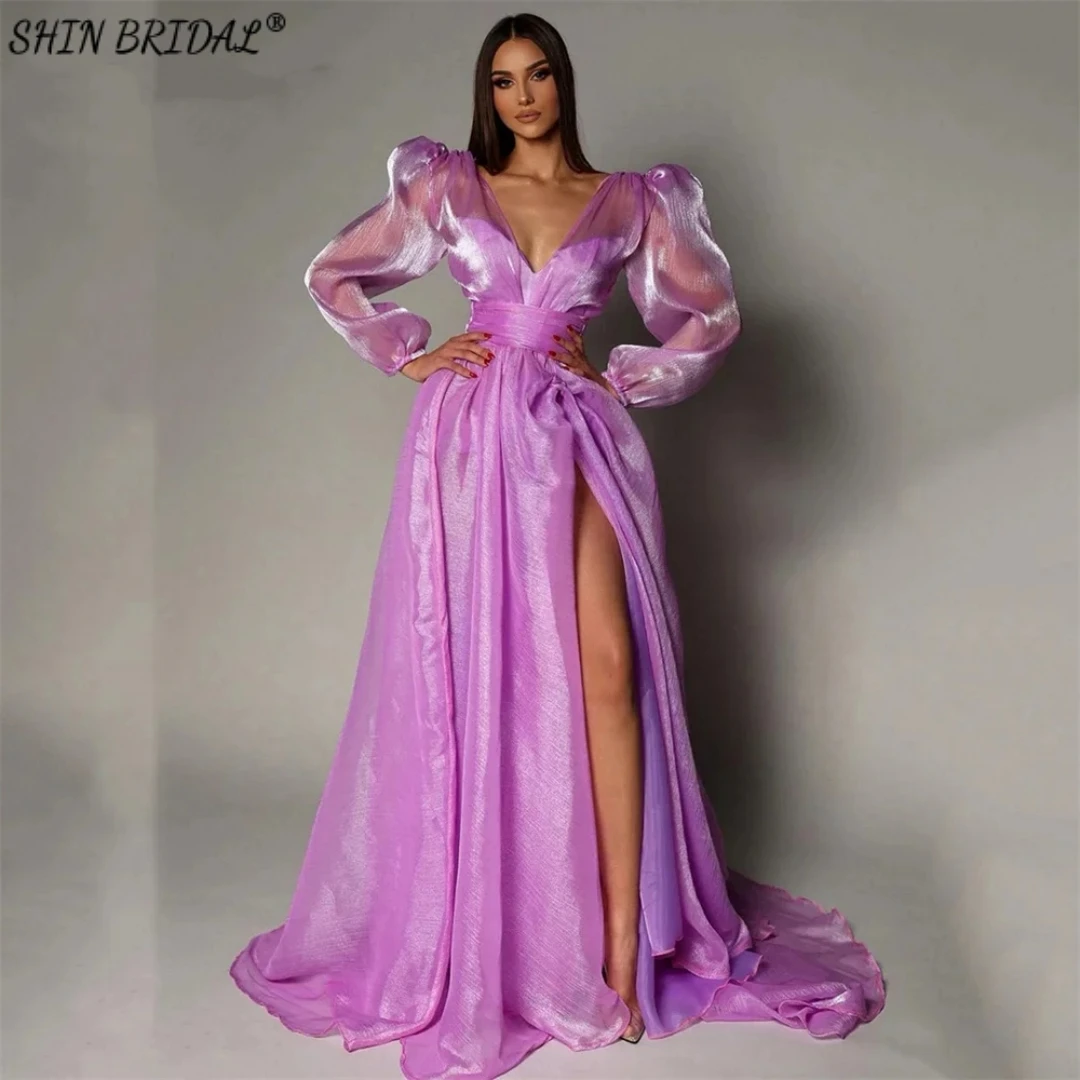 

SHIN BRIDAL Tulle High Slit Evening Dresses for Women Deep V Neck Sexy A Line Prom Dresses Long Sleeves Backless Wedding Dresses