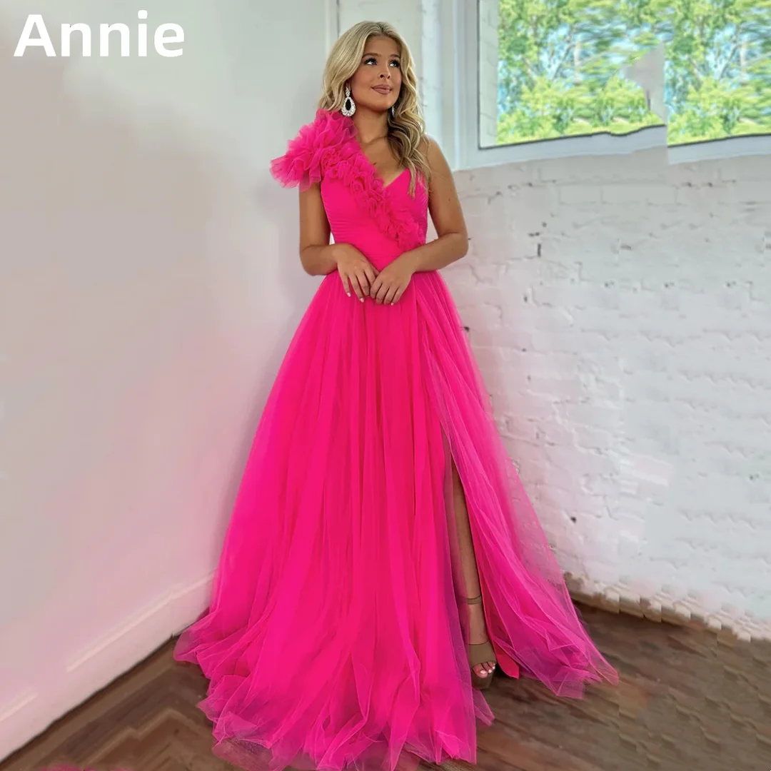 

Annie Elegant Lady Prom Dresses Hot Pink Shoulder Evening Dress فساتين السهرة A-line Gauze Slit Formal Occasions Party Dress