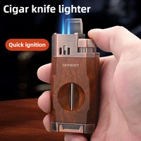 HONEST  Windproof Double Jet Flame Butane Cigar Lighter with Cutter, Refillable Durable Torch for Outdoor Cigars & Pipe Lighting 1
