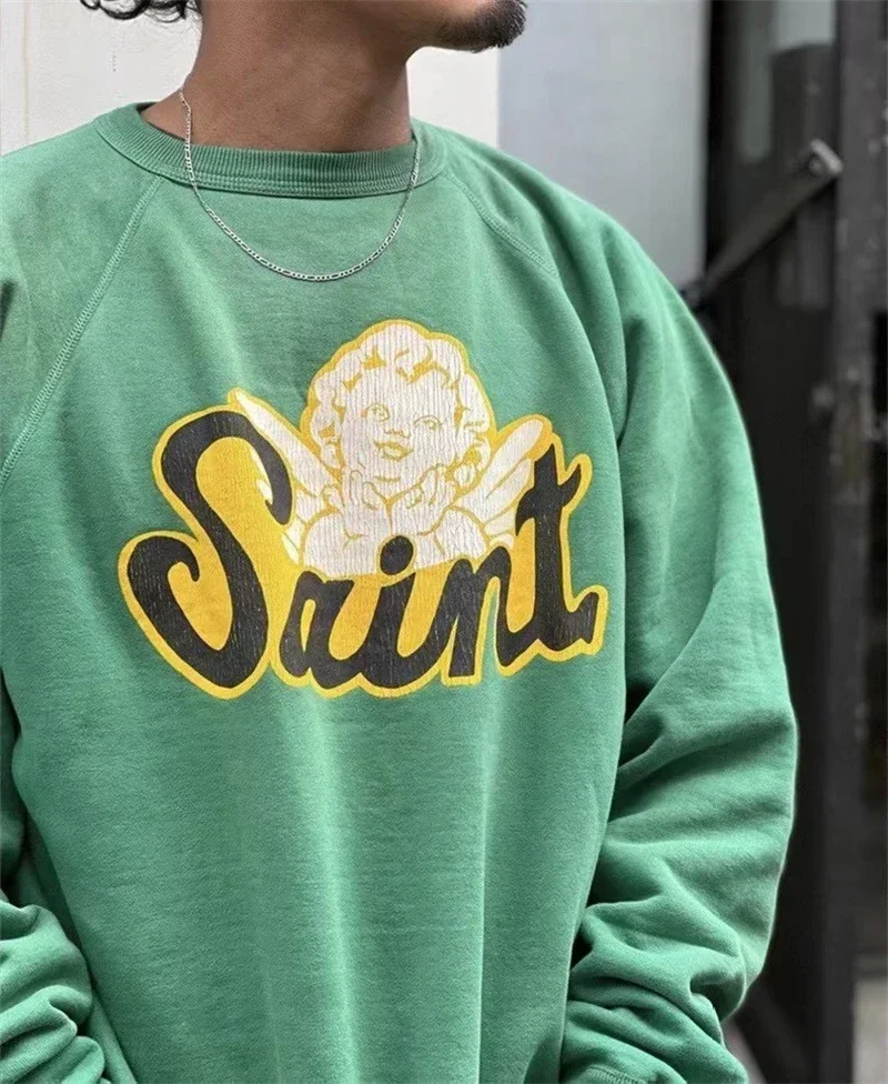 

New Fasion Green SAINT MICHAEL 22AW ANGEL Raglan Sleeve Sweatshirts Men Women 1:1 Best Quality Hoodie Cracked Crewneck Goth