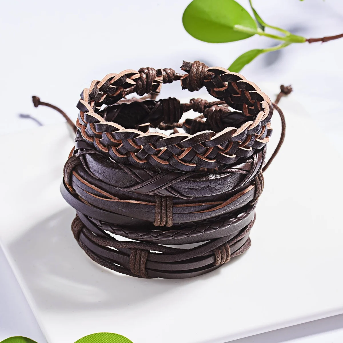 5Pcs/Set Minimalist Multilayer Brown Leather Bracelets For Men Women Vintage Punk Handmade Woven Twist Bangles Charm Jewelry