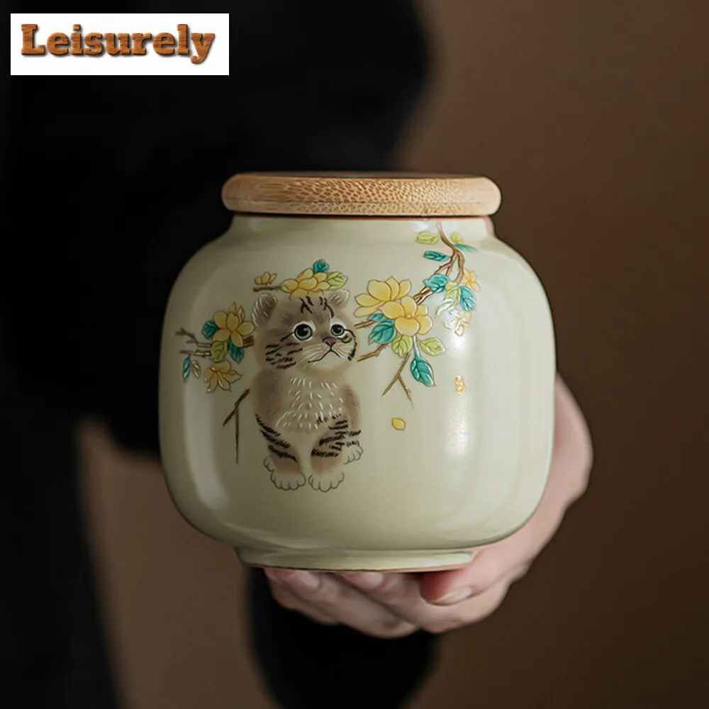 250ml Cream Ru Kiln Tea Box Organizer Portable Mini Moisture-proof Rabbit Storage Tank Containers Tea Caddy Teaset Decoration