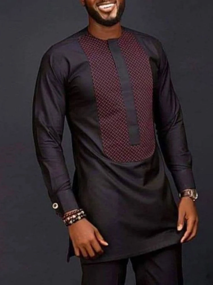 Printed Patchwork Shirt, Muslim Clothing, and Solid Color Pants for Men's Casual Set 2023 New African Ethnic Style Men's Set