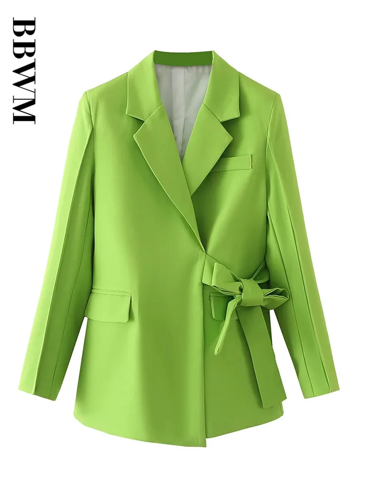 Spring 2022 Women Green Belt Blazer Chic Notched Collar Long Sleeve