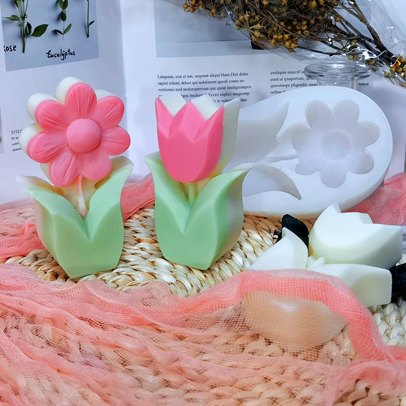 Golgner 3 Pcs stampi per candele a tulipano, fiori di stampo in silicone 3D, stampi in silicone a tulipano, stampo per candele a fiori, per fusione di candele DIY, saponi, artigianato in resina