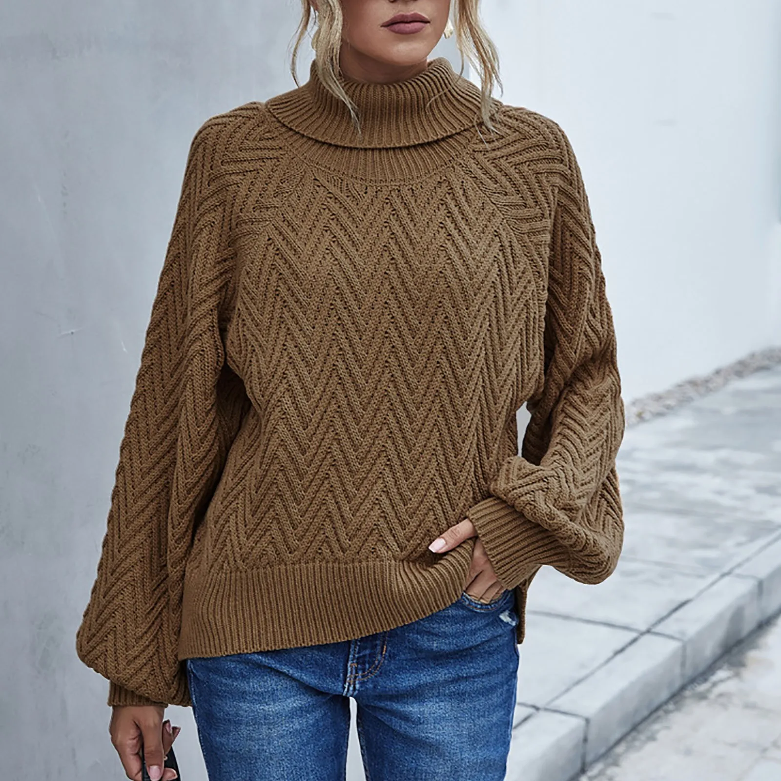 

Women'S Autumn And Winter Solid Color Sweater Long Sleeve Mock Neck Puff Sleeve Knitting Plus Size Sweater Femme Pullover