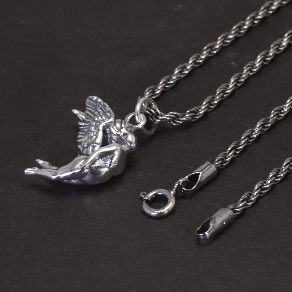 925 Retro Sterling Silver Cupid Pendant Necklace Pendant Gift Religious Jewelry For Men and Women