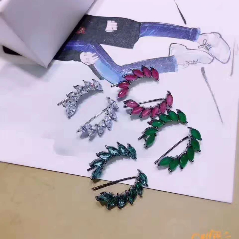 

Fashion New Design Colorful CZ Women Stud Earrings Cuff Green Leaf Shape Stone Earring Boucle D'oreille Pendientes Mujer E-409