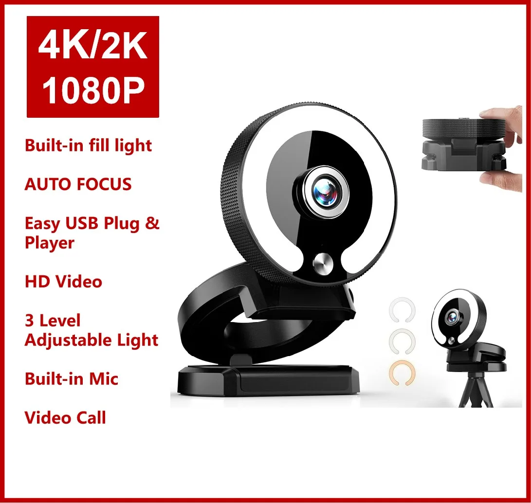 XJ Webcams PC 4K HD Video Web Cam LED Light Autofocus Camera Computer USB Webcam Microphone Streaming Live Mini Cammera