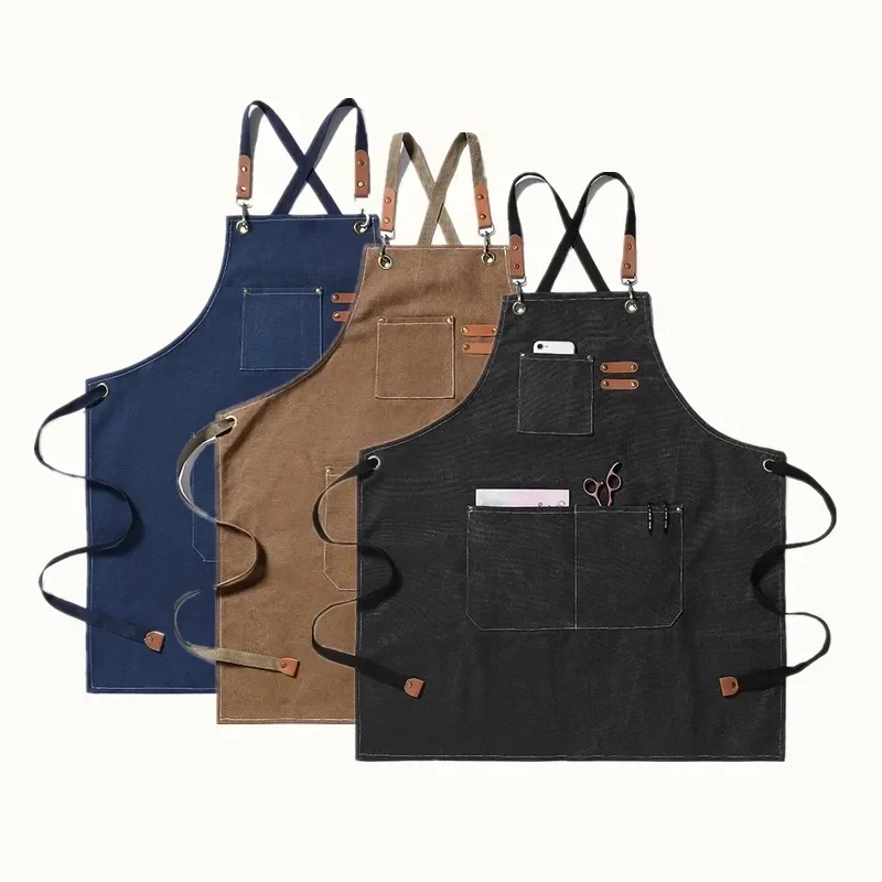 

Fashion Canvas Kitchen Chef Multi Pockets Work Aprons For Woman Men Bar Restaurant BBQ Cafe Milk Tea Shop Garden Studios Uniform