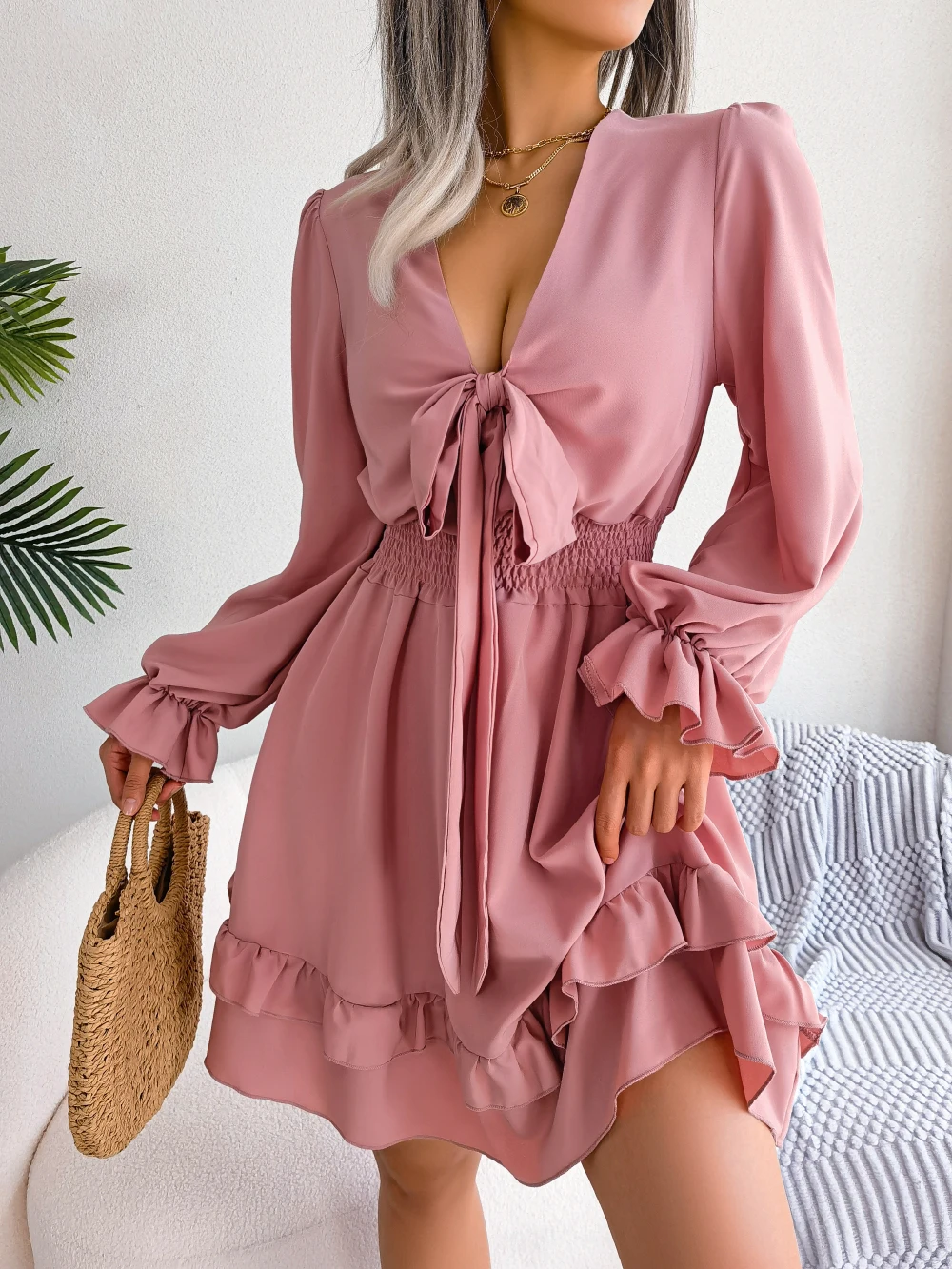 Women A Line V Neck Ruffled Mini Dress