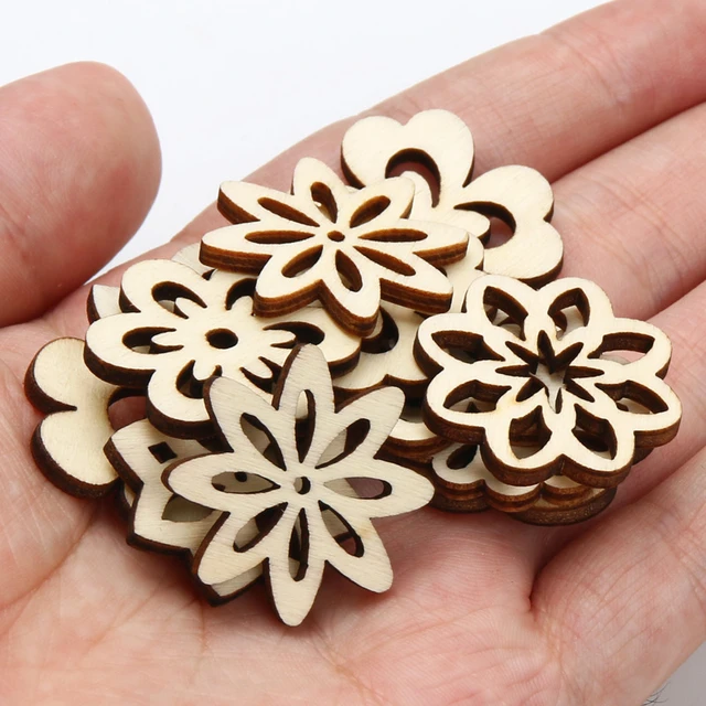 20pcs Wooden Embellishments Flower Shape Cutouts DIY Scrapbooking Crafts  Wooden Discs Wood Slice Ornament Home Decoration