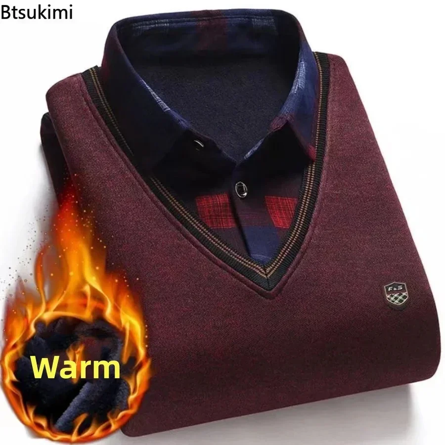 aliexpress.com - New2023 Autumn Winter Warm Sweater Men Fake Two-piece Grid Thicken Knitted Male Basic Sweater Pullover Shirt Jumper Sweater Male