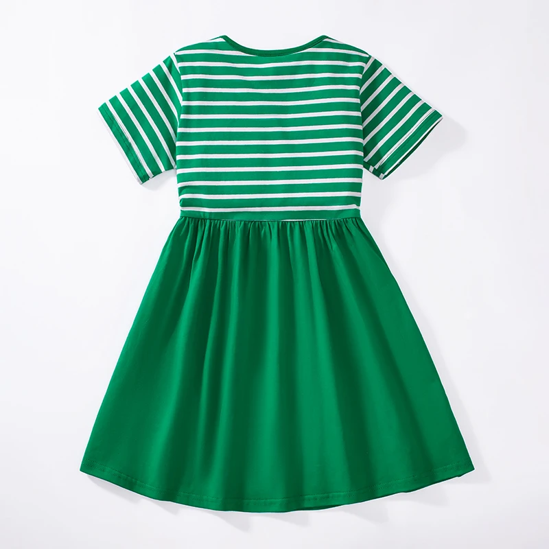 2025 Summer Children's Clothing Baby Girls Embroidered Cartoon Casual Animals Dresses Green Striped Dresses Kids Clothes