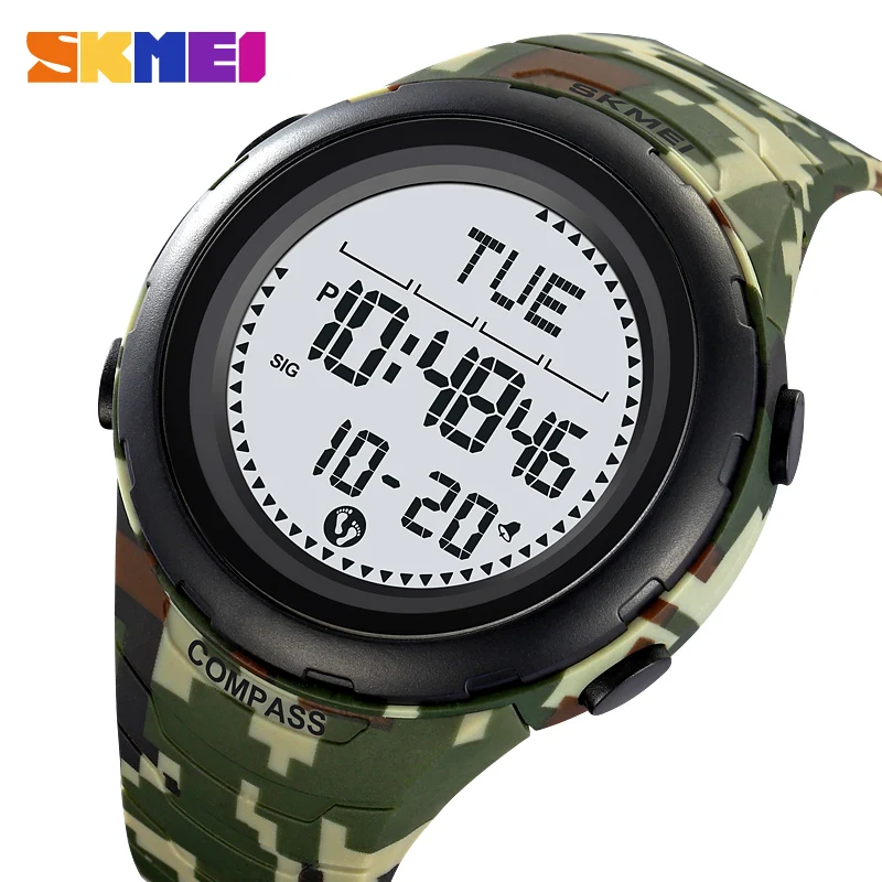 Skmei Military Green Camouflage Field Adventure Sport Da Uomo Nuoto Orologio Bussola Sport Step Sport Chilometraggio Calorie 2166