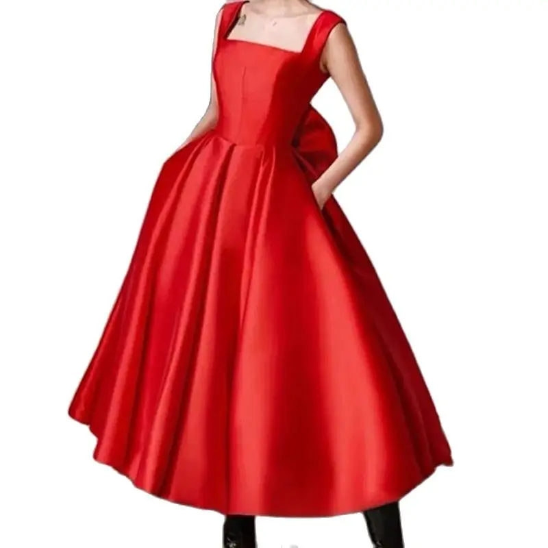 evening gowns with sleeves Elegant Satin Evening Dress Red A-Line Square Collar 2022 Evening Dress With Bow Backless Sleeveless Party Gowns Robes De Soirée sexy evening dresses