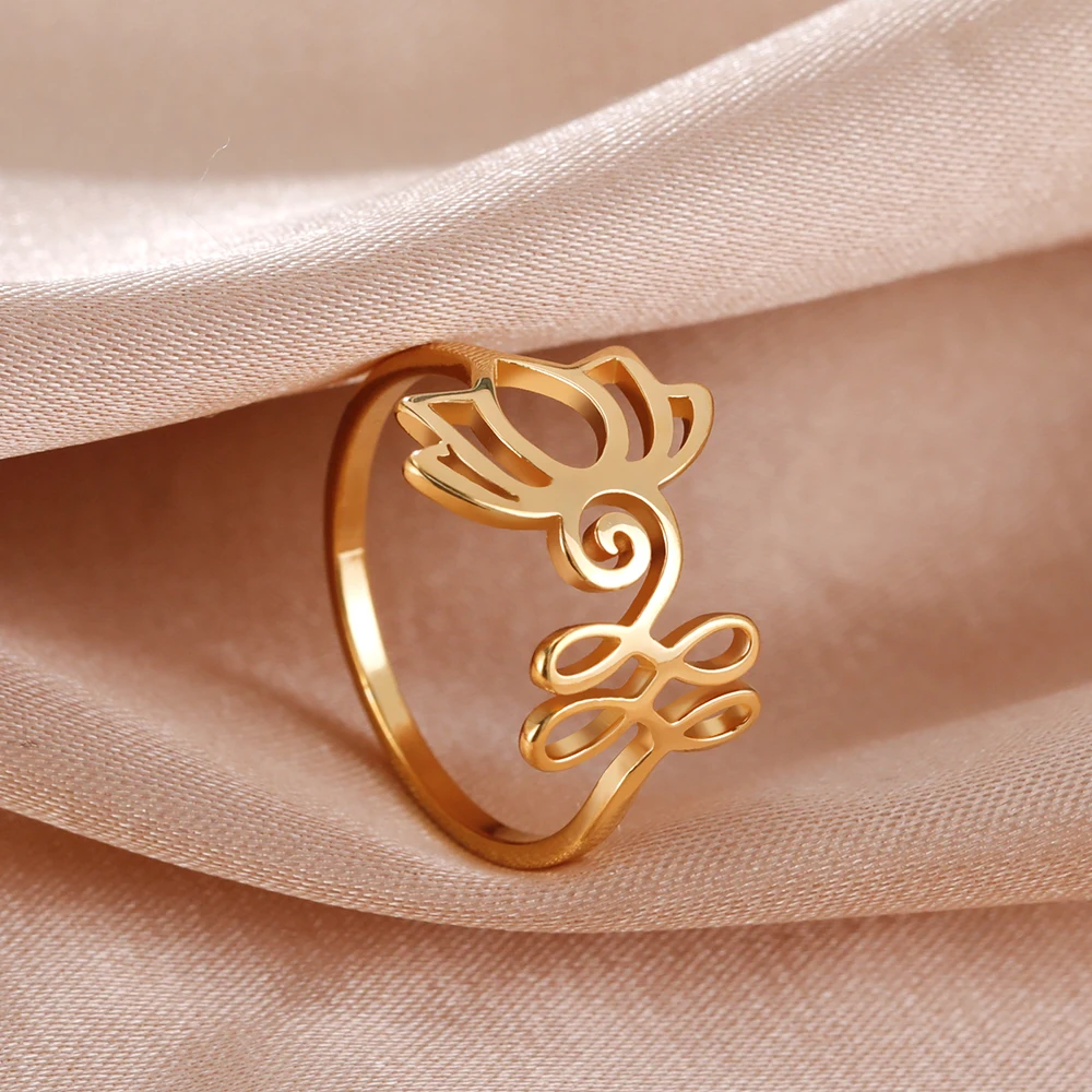 Dawapara Buddhismus om unalome Symbol Frauen Ring spirituelle Lotusblume Eheringe Edelstahl Sanskrit Schmuck Yoga Geschenke – Detail 39