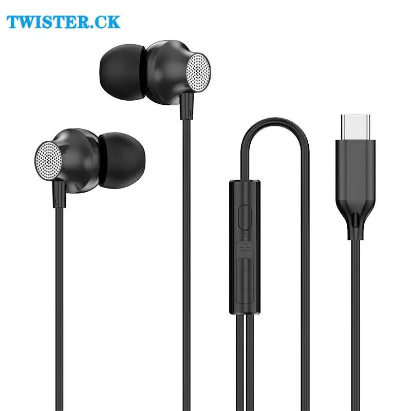 

In-Ear Wired Headset Type-C Flat Mouth Earphones Metal Subwoofer Noise Reduction Stereo Surround Sound Earbuds for Smartphone